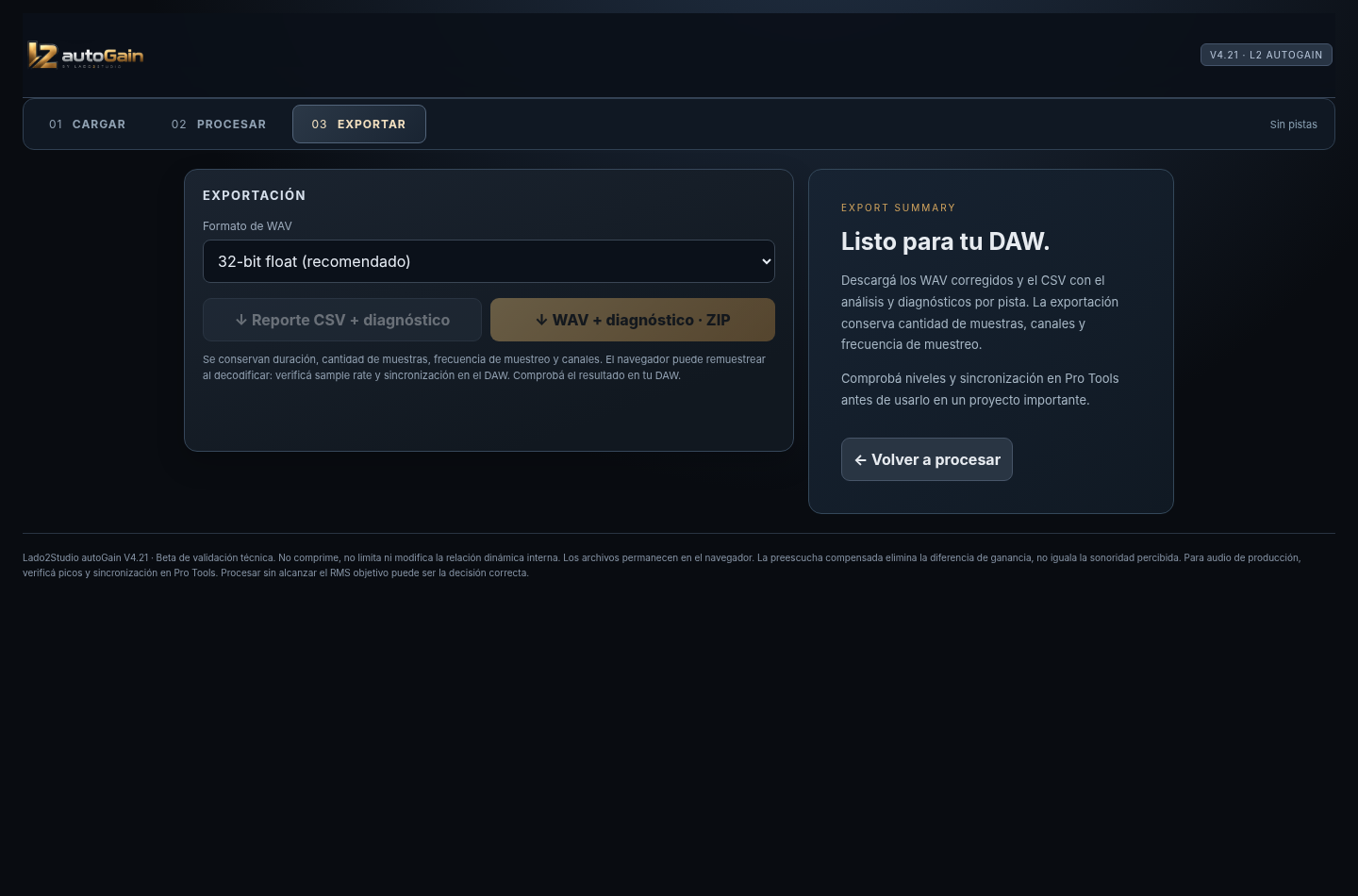 Captura auténtica de la pantalla Exportar de autoGain V4.21